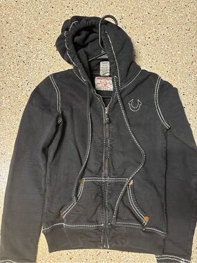 True Religion Black Zip-Up Hoodie with Contrast Stitching